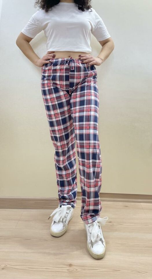 Kadın Lastikli Bel %100 Pamuk Kurdeleli Desenli Pijama Altı XL - Süp Somon Laci Kare