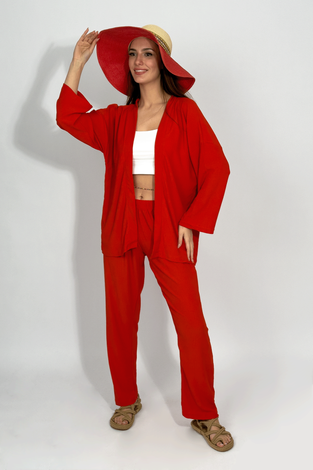 Kadın Pantolonlu Alt Üst İkili Kimono Takım Rahat Kalıp Kiremit - S