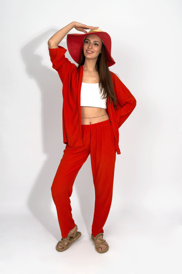 Kadın Pantolonlu Alt Üst İkili Kimono Takım Rahat Kalıp Kiremit - S