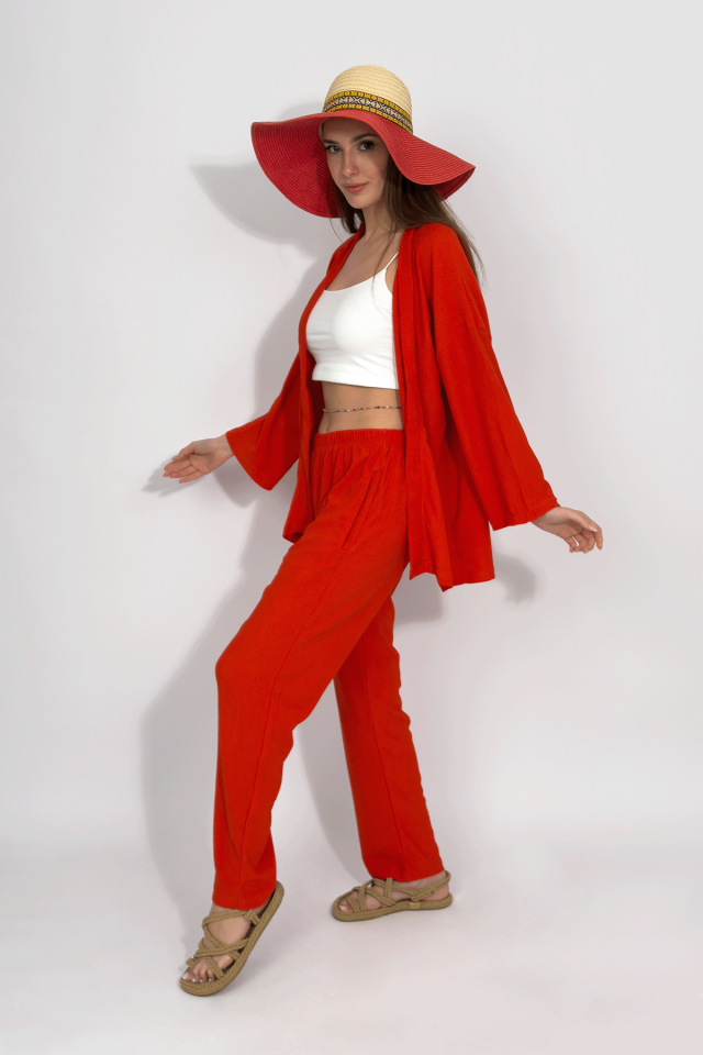 Kadın Pantolonlu Alt Üst İkili Kimono Takım Rahat Kalıp Kiremit - S