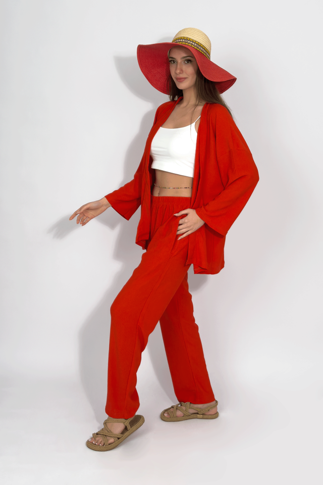 Kadın Pantolonlu Alt Üst İkili Kimono Takım Rahat Kalıp Kiremit - S