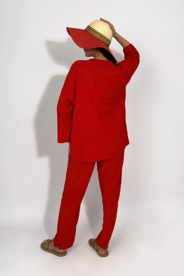 Kadın Pantolonlu Alt Üst İkili Kimono Takım Rahat Kalıp Kiremit - S