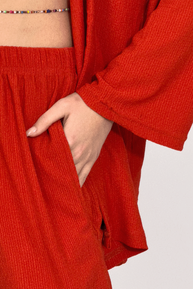 Kadın Pantolonlu Alt Üst İkili Kimono Takım Rahat Kalıp Kiremit - S