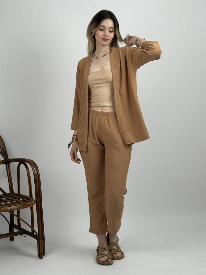 Kadın Pantolonlu Alt Üst İkili Kimono Takım Rahat Kalıp Krem - S