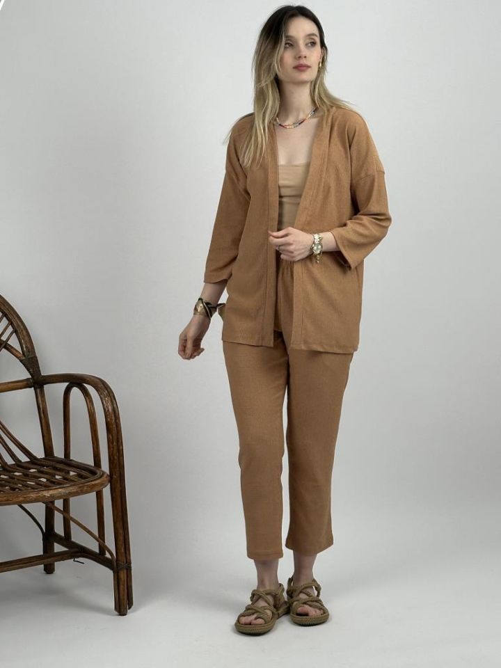 Kadın Pantolonlu Alt Üst İkili Kimono Takım Rahat Kalıp Krem - S