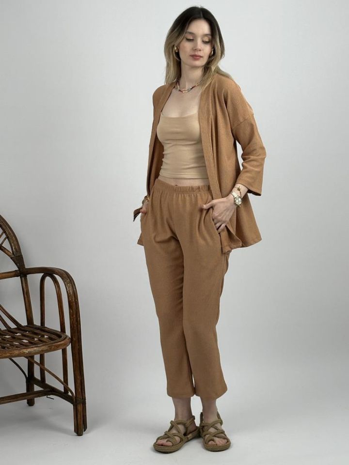 Kadın Pantolonlu Alt Üst İkili Kimono Takım Rahat Kalıp Krem - S