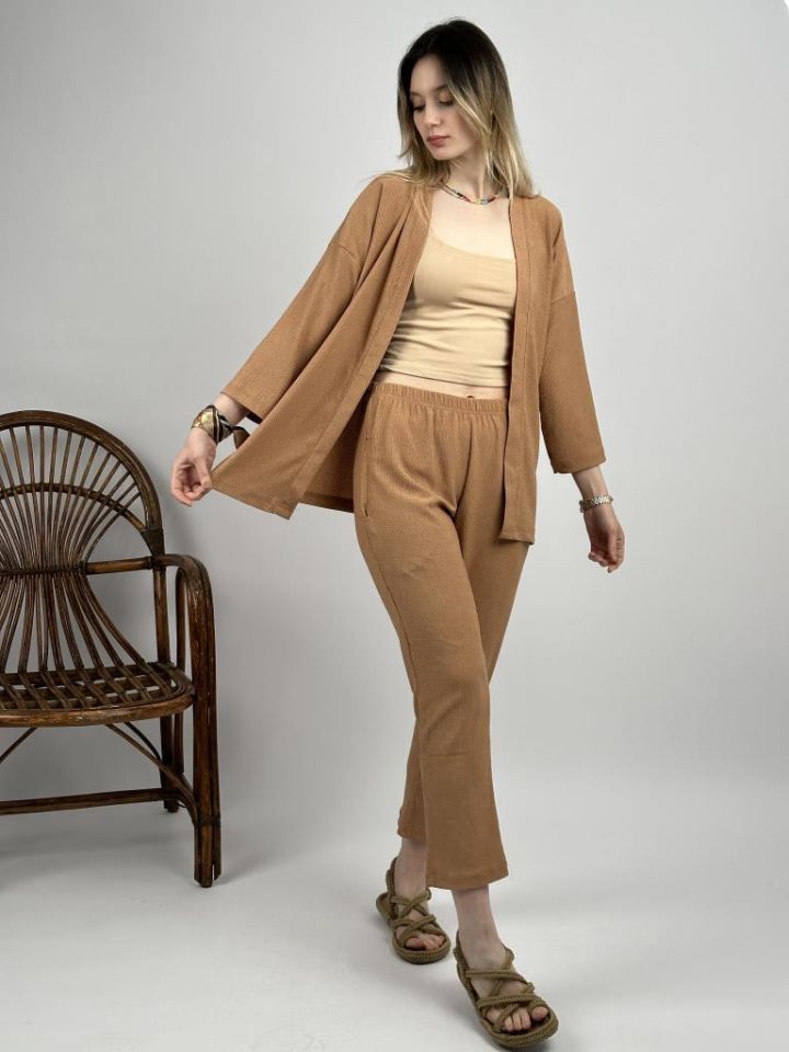 Kadın Pantolonlu Alt Üst İkili Kimono Takım Rahat Kalıp Krem - S