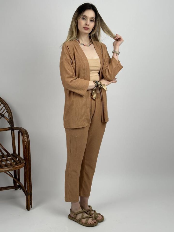 Kadın Pantolonlu Alt Üst İkili Kimono Takım Rahat Kalıp Krem - S