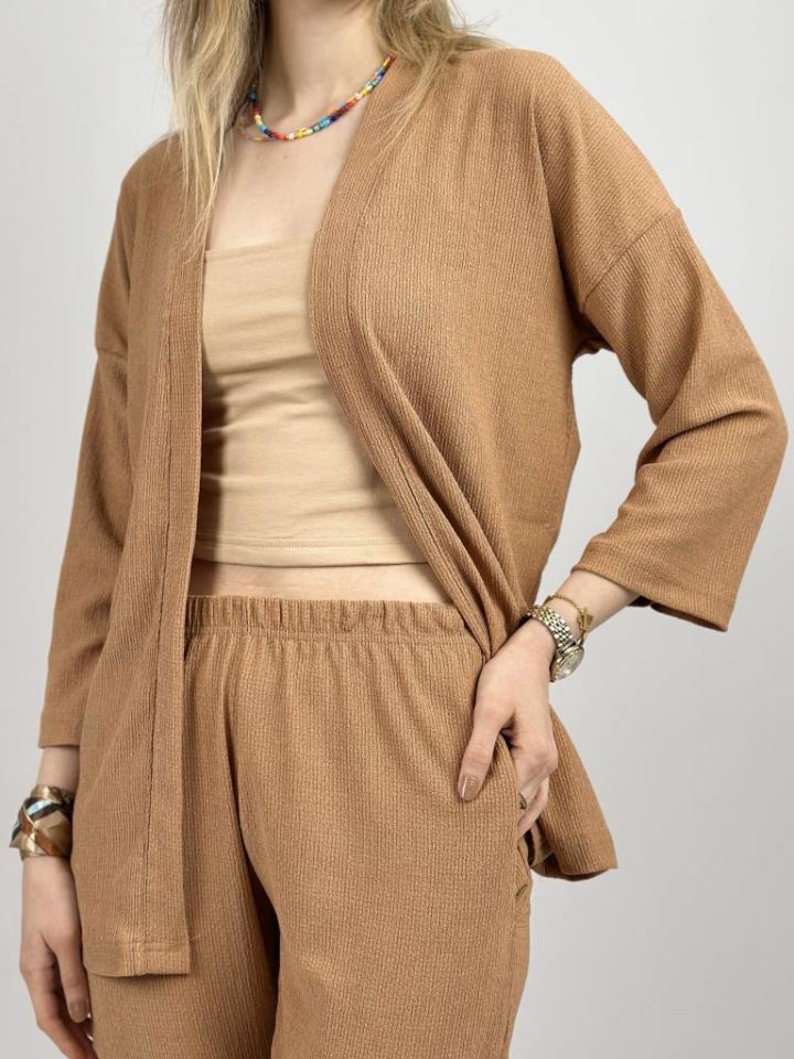 Kadın Pantolonlu Alt Üst İkili Kimono Takım Rahat Kalıp Krem - S