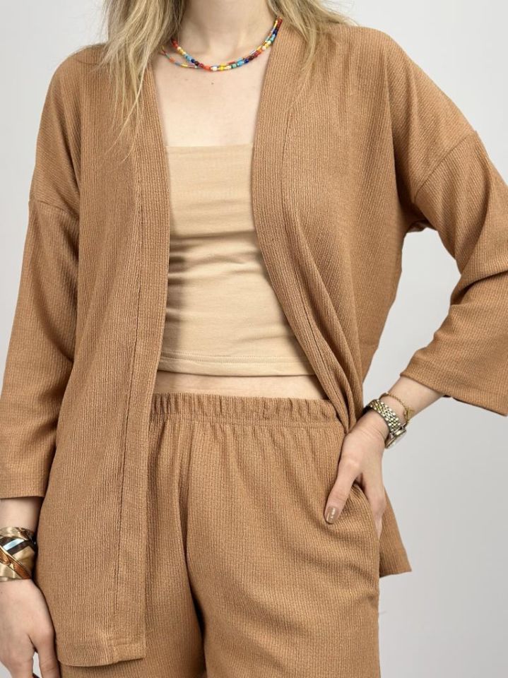 Kadın Pantolonlu Alt Üst İkili Kimono Takım Rahat Kalıp Krem - S
