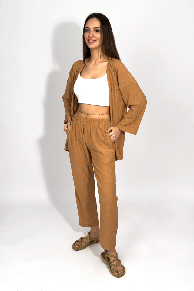 Kadın Pantolonlu Alt Üst İkili Kimono Takım Rahat Kalıp Krem - XL