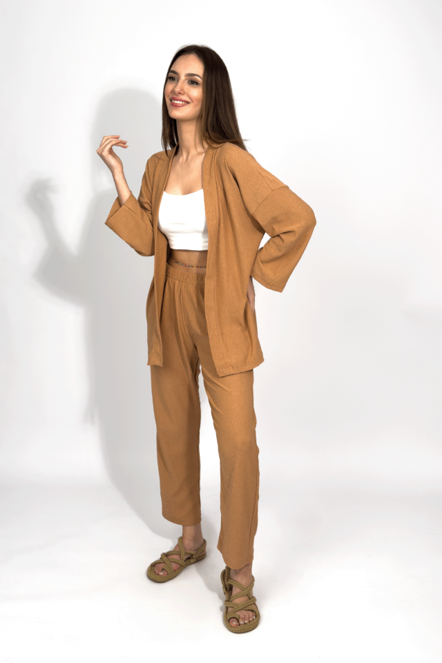 Kadın Pantolonlu Alt Üst İkili Kimono Takım Rahat Kalıp Krem - XL