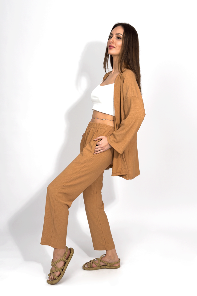 Kadın Pantolonlu Alt Üst İkili Kimono Takım Rahat Kalıp Krem - XL