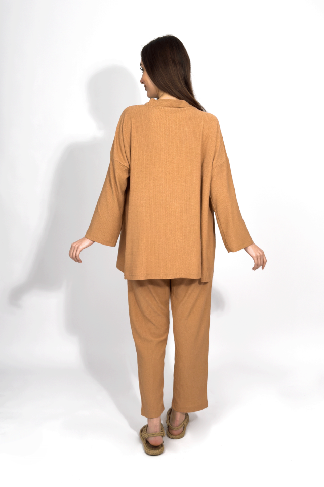 Kadın Pantolonlu Alt Üst İkili Kimono Takım Rahat Kalıp Krem - XL