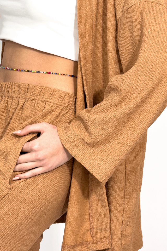 Kadın Pantolonlu Alt Üst İkili Kimono Takım Rahat Kalıp Krem - XL