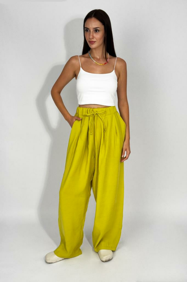 Kadın Dokuma Modal Beli Lastikli Geniş Paça Cepli İpli Palazzo Pantolon Siyah - S