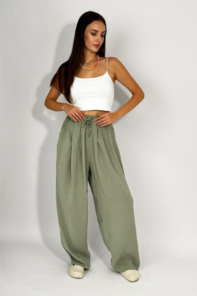 Kadın Dokuma Modal Beli Lastikli Geniş Paça Cepli İpli Palazzo Pantolon Çağla Yeşili - S