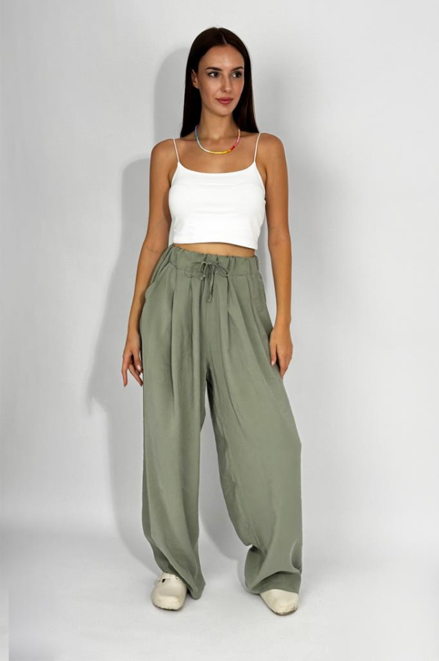 Kadın Dokuma Modal Beli Lastikli Geniş Paça Cepli İpli Palazzo Pantolon Çağla Yeşili - S