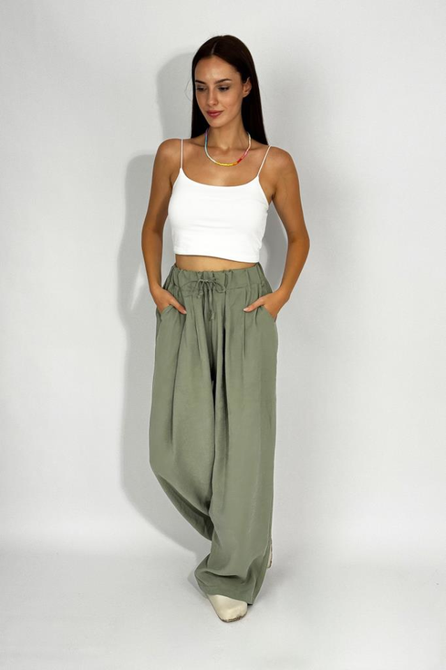 Kadın Dokuma Modal Beli Lastikli Geniş Paça Cepli İpli Palazzo Pantolon Çağla Yeşili - S