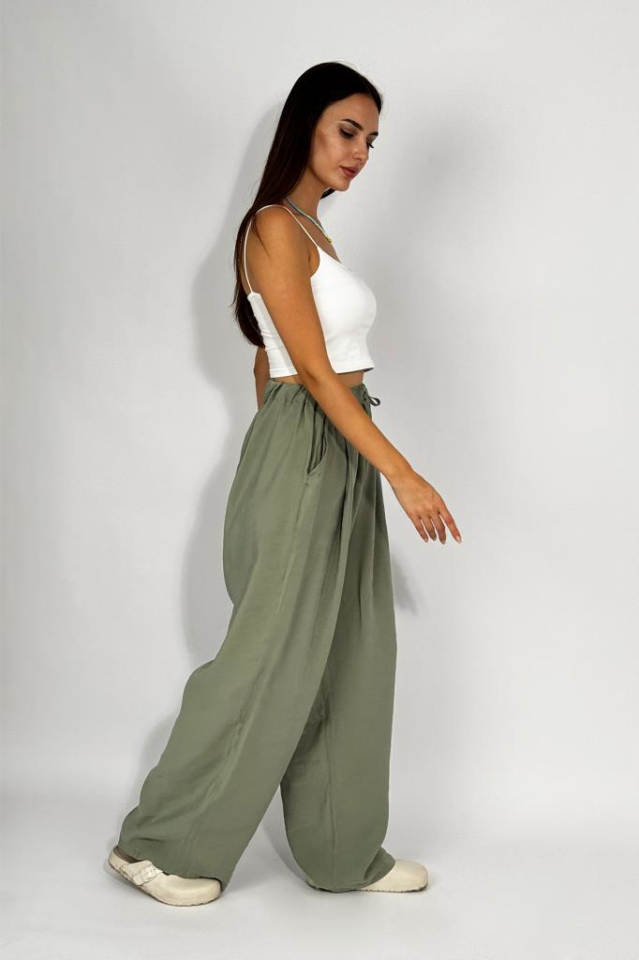 Kadın Dokuma Modal Beli Lastikli Geniş Paça Cepli İpli Palazzo Pantolon Çağla Yeşili - S