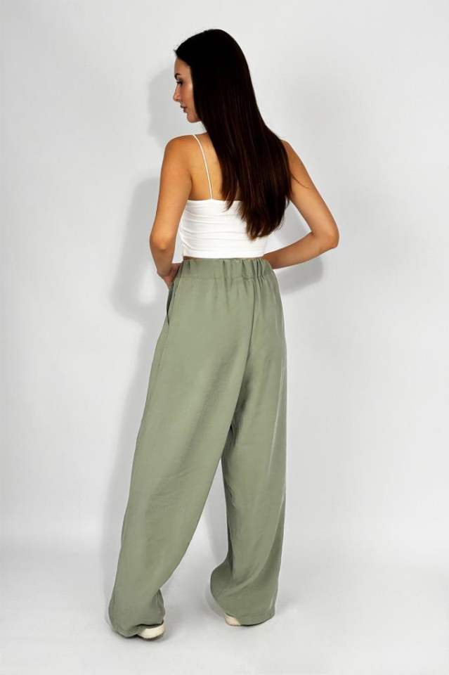 Kadın Dokuma Modal Beli Lastikli Geniş Paça Cepli İpli Palazzo Pantolon Çağla Yeşili - S