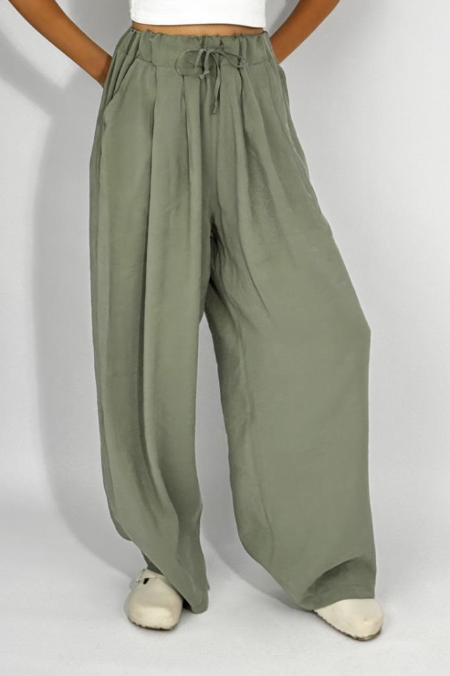 Kadın Dokuma Modal Beli Lastikli Geniş Paça Cepli İpli Palazzo Pantolon Çağla Yeşili - S