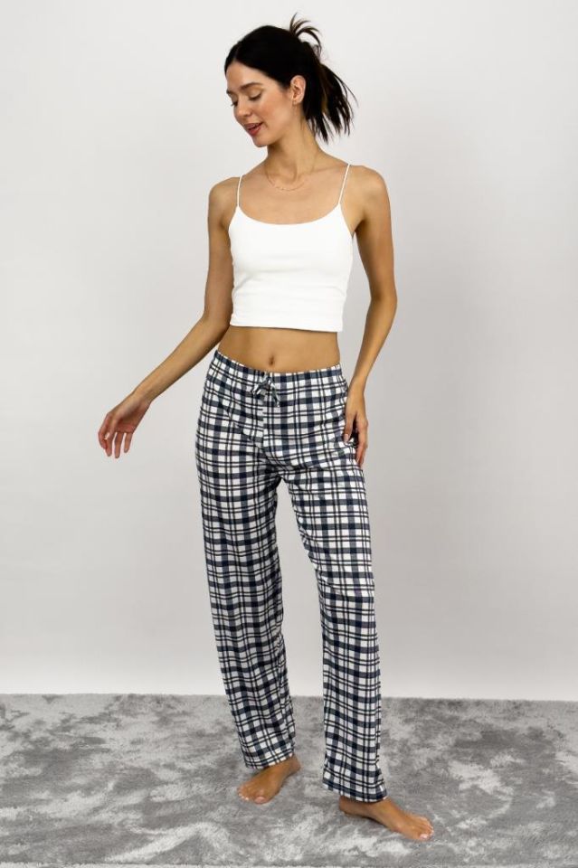 Betimoda Kadın Pijama Altı Kurdeleli Beyaz Siyah Kare Süp Laci Beyaz - 3XL
