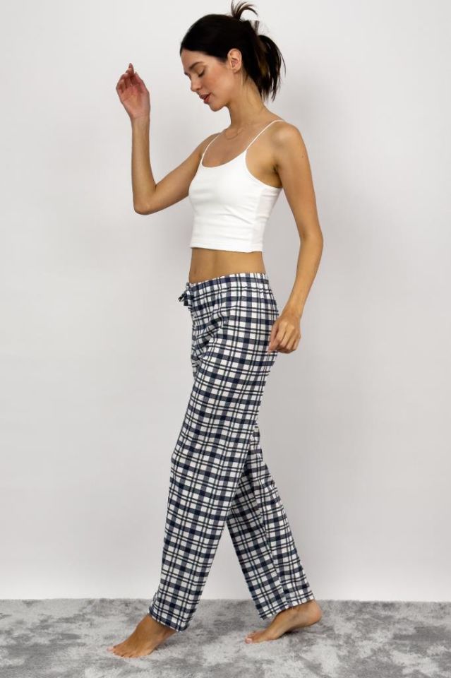 Betimoda Kadın Pijama Altı Kurdeleli Beyaz Siyah Kare Süp Laci Beyaz - 3XL