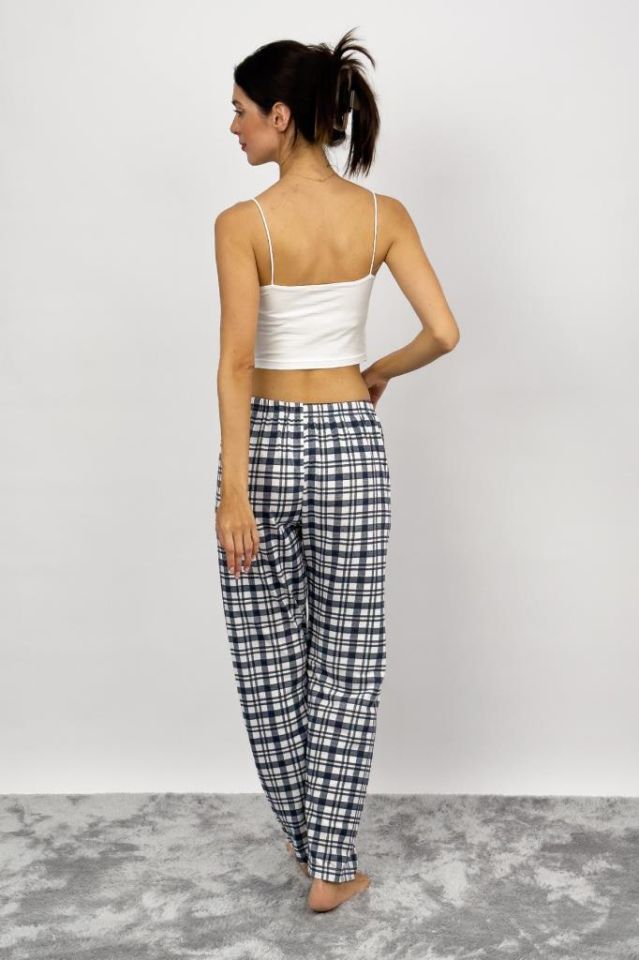 Betimoda Kadın Pijama Altı Kurdeleli Beyaz Siyah Kare Süp Laci Beyaz - 3XL
