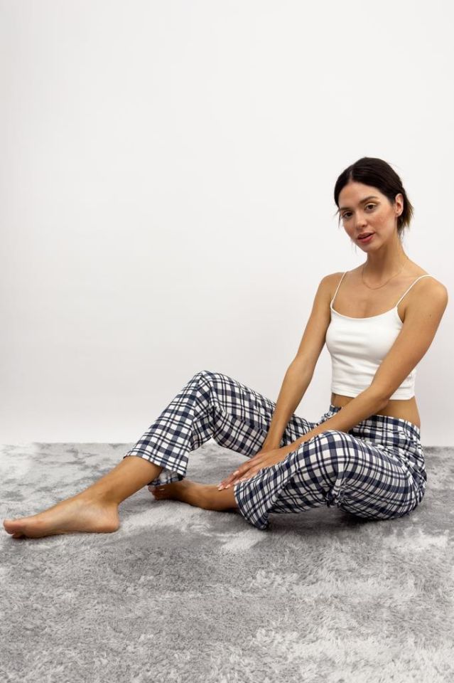 Betimoda Kadın Pijama Altı Kurdeleli Beyaz Siyah Kare Süp Laci Beyaz - 3XL