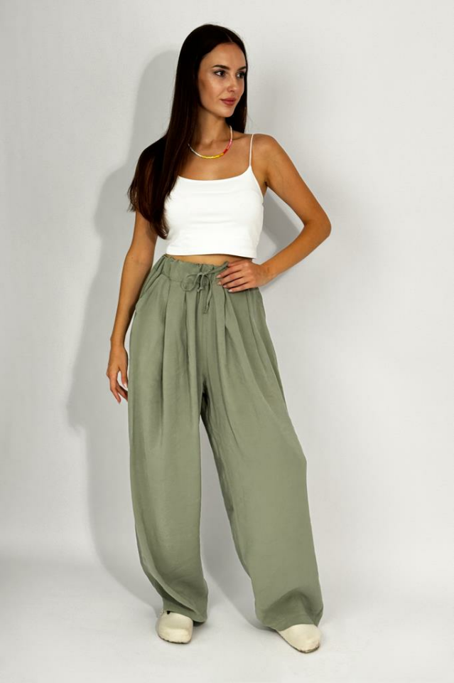 Kadın Dokuma Modal Beli Lastikli Geniş Paça Cepli İpli Palazzo Pantolon Çağla Yeşili - M
