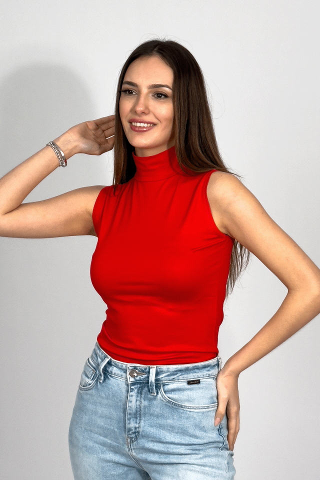 Kadın Sıfır Kol Yarım Balıkçı Yaka Body 1 Adet KIRMIZI - L/XL