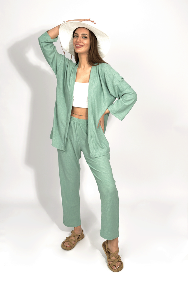 Kadın Pantolonlu Alt Üst İkili Kimono Takım Rahat Kalıp Mint Yeşili - XL