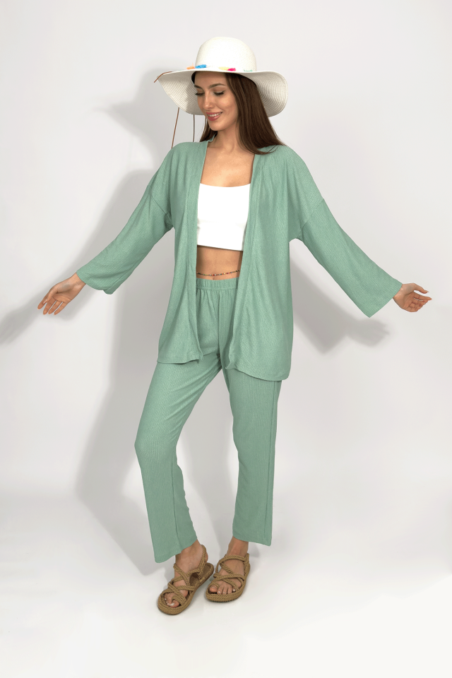Kadın Pantolonlu Alt Üst İkili Kimono Takım Rahat Kalıp Mint Yeşili - XL