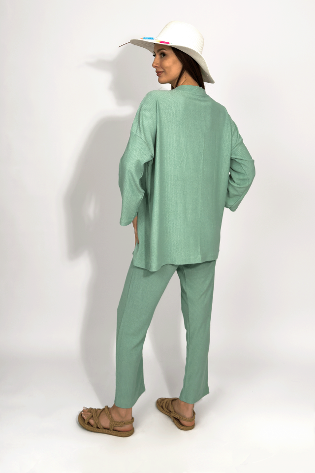 Kadın Pantolonlu Alt Üst İkili Kimono Takım Rahat Kalıp Mint Yeşili - XL