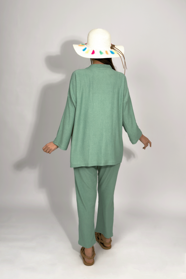 Kadın Pantolonlu Alt Üst İkili Kimono Takım Rahat Kalıp Mint Yeşili - XL