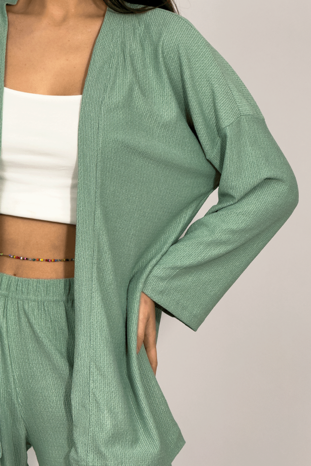 Kadın Pantolonlu Alt Üst İkili Kimono Takım Rahat Kalıp Mint Yeşili - XL