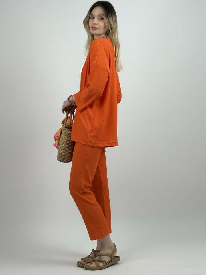 Kadın Pantolonlu Alt Üst İkili Kimono Takım Rahat Kalıp TURUNCU - XL