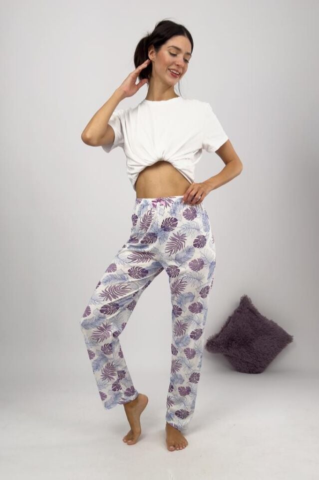 Betimoda Kadın Pijama Altı Kurdeleli Süp Mor Dallı - 5XL