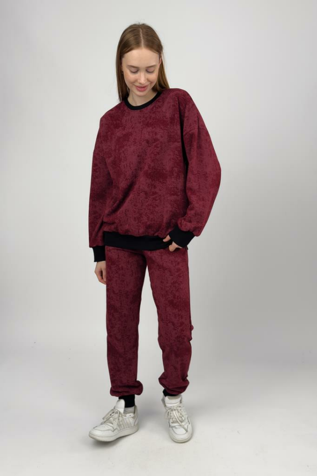 Kadın Pamuklu 2 İplik Lastikli Bel Desenli Eşofman Takımı Bordo - 3XL