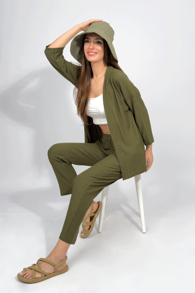 Kadın Pantolonlu Alt Üst İkili Kimono Takım Rahat Kalıp YEŞİL - XL