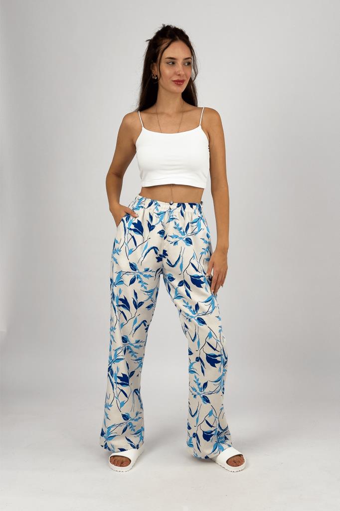 Kadın Pamuk Keten Desenli Cepli Bol Kesim Oversize Palazzo Pantolon L - Mavi Yaprak