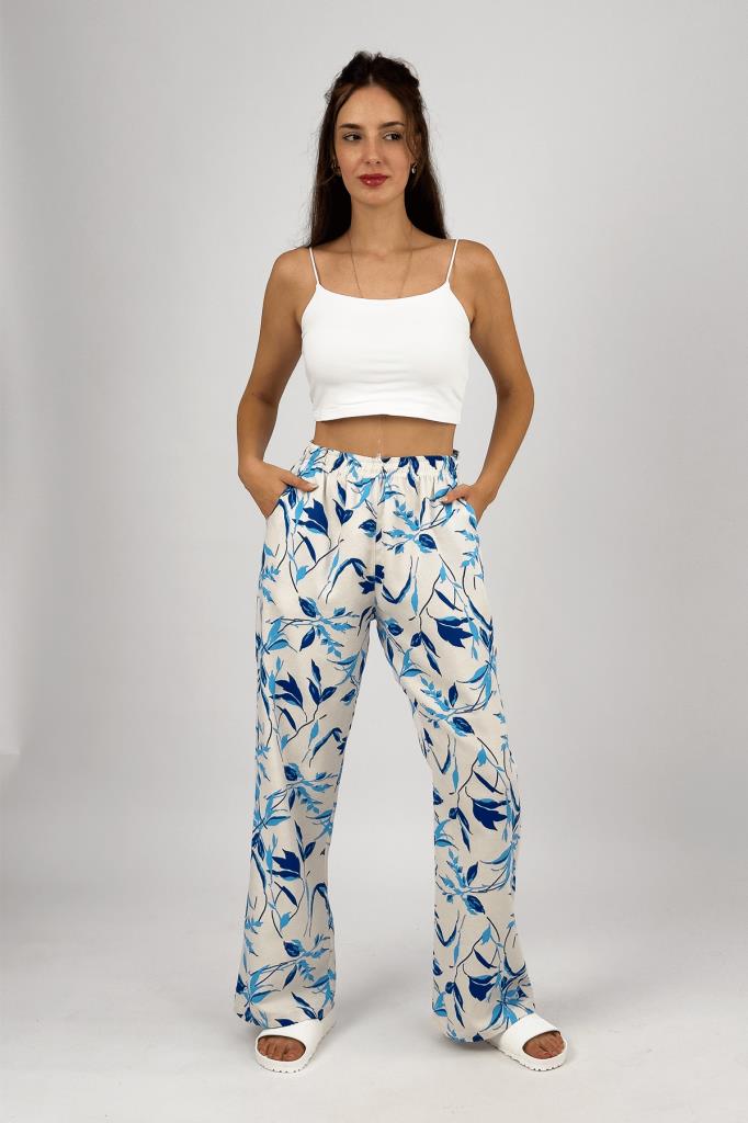 Kadın Pamuk Keten Desenli Cepli Bol Kesim Oversize Palazzo Pantolon L - Mavi Yaprak
