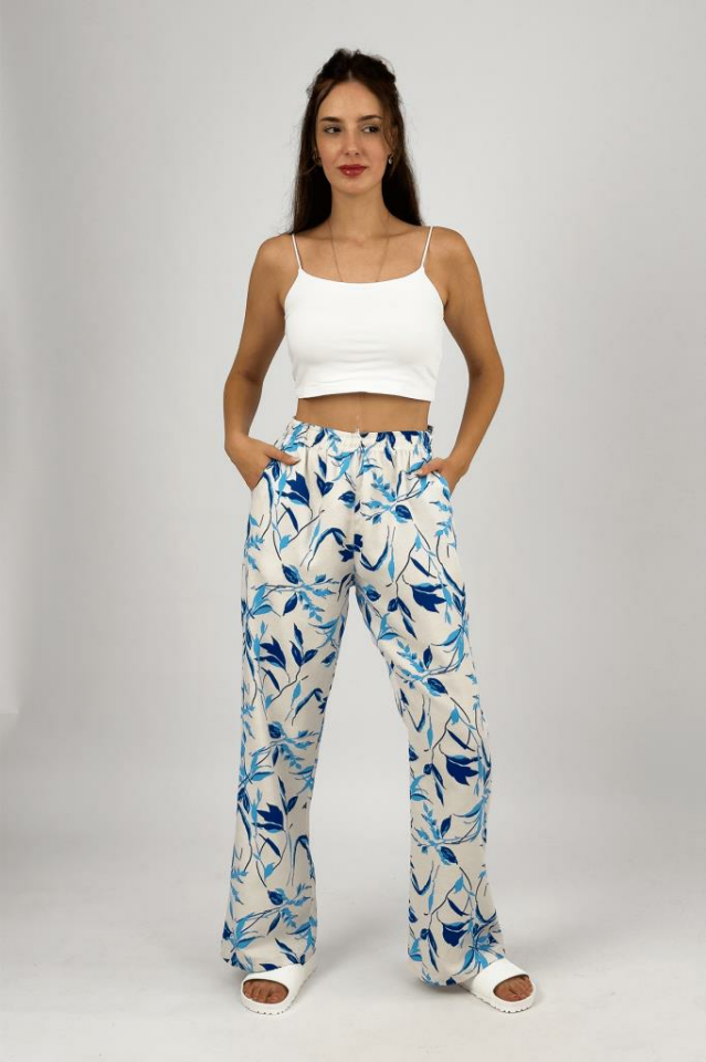 Kadın Pamuk Keten Desenli Cepli Bol Kesim Oversize Palazzo Pantolon L - Mavi Yaprak