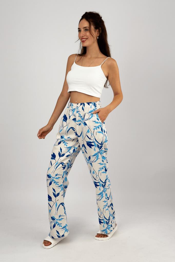 Kadın Pamuk Keten Desenli Cepli Bol Kesim Oversize Palazzo Pantolon L - Mavi Yaprak