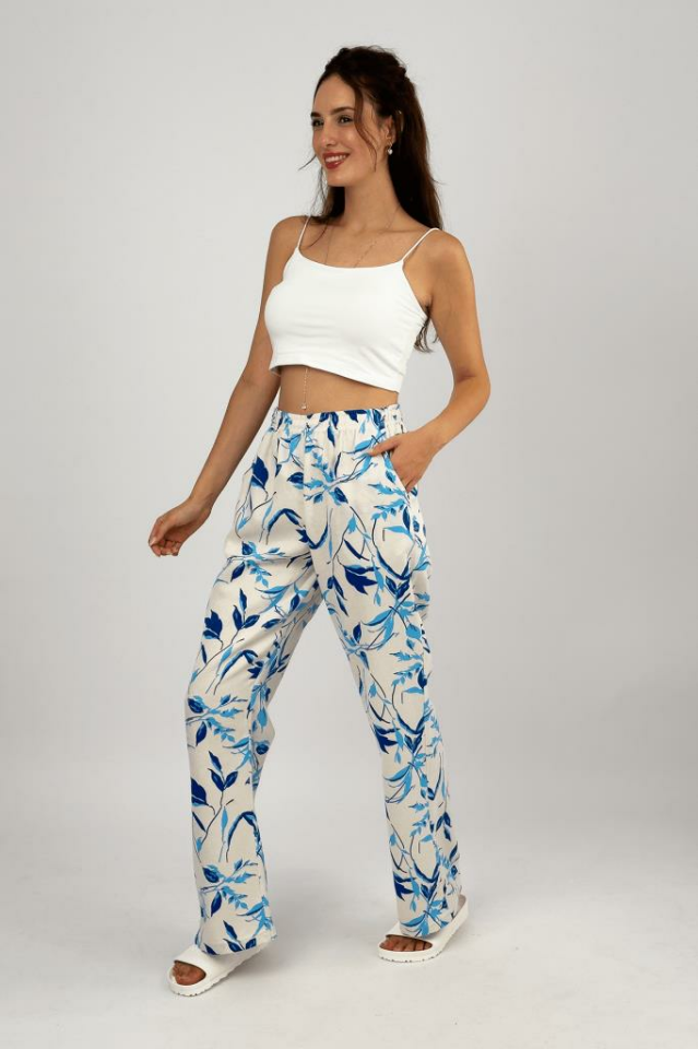 Kadın Pamuk Keten Desenli Cepli Bol Kesim Oversize Palazzo Pantolon L - Mavi Yaprak