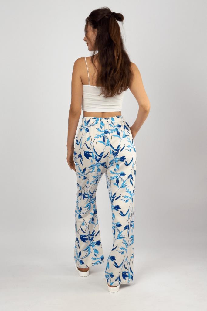 Kadın Pamuk Keten Desenli Cepli Bol Kesim Oversize Palazzo Pantolon L - Mavi Yaprak