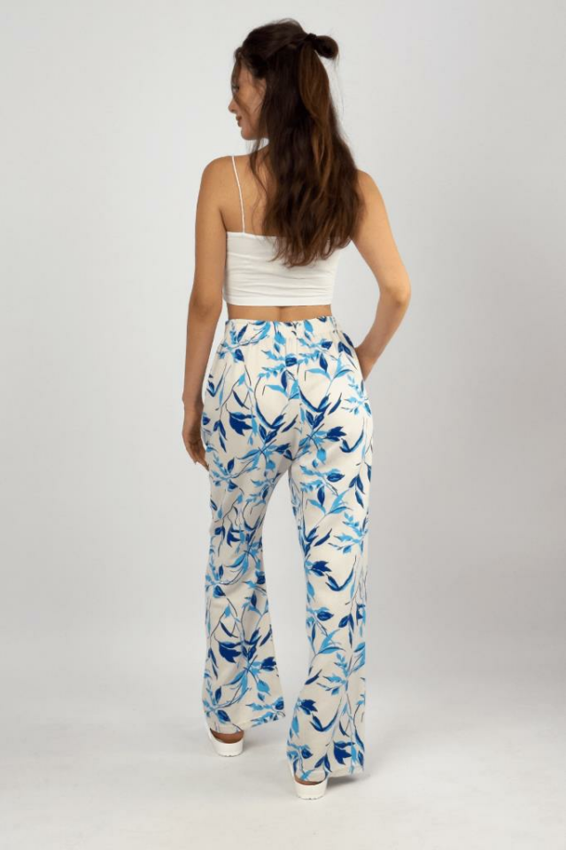 Kadın Pamuk Keten Desenli Cepli Bol Kesim Oversize Palazzo Pantolon L - Mavi Yaprak