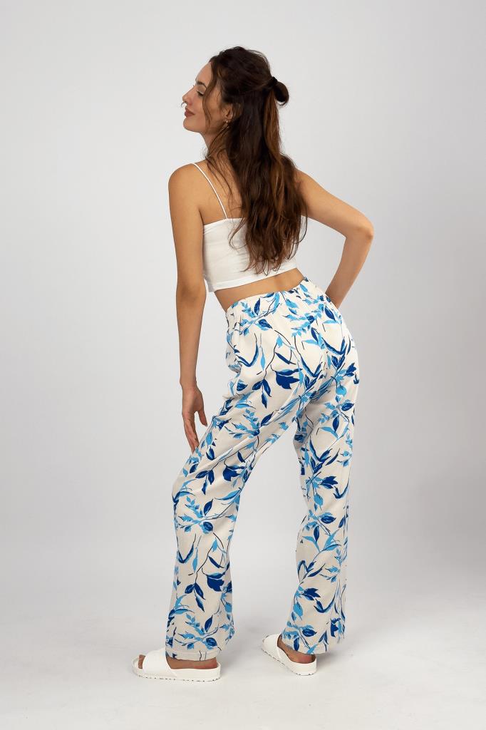 Kadın Pamuk Keten Desenli Cepli Bol Kesim Oversize Palazzo Pantolon L - Mavi Yaprak