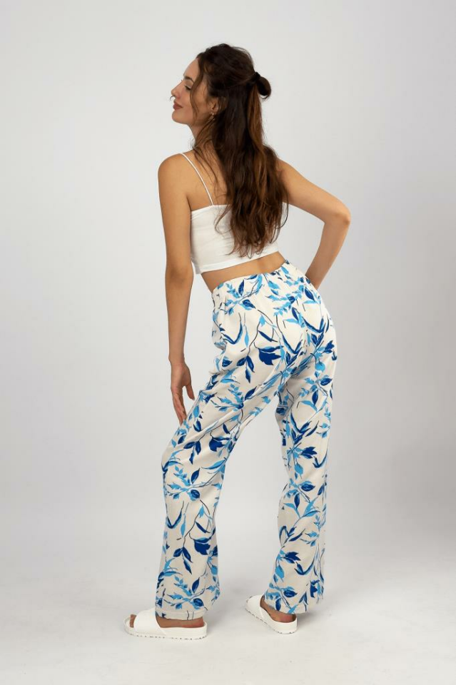 Kadın Pamuk Keten Desenli Cepli Bol Kesim Oversize Palazzo Pantolon L - Mavi Yaprak